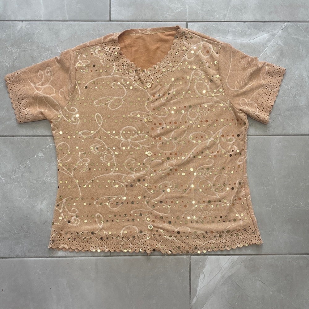 🔥5/$20🔥 NUDE Laser Cut Tee with‎ Embellishments